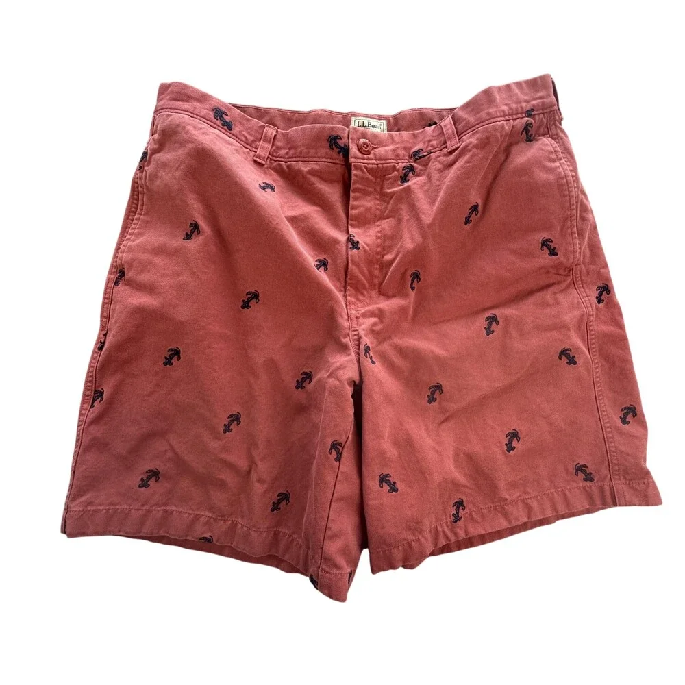 L.L.Bean Shorts Mens 36 Red Anchor Embroidered Cotton Chino 8 Inseam Nautical